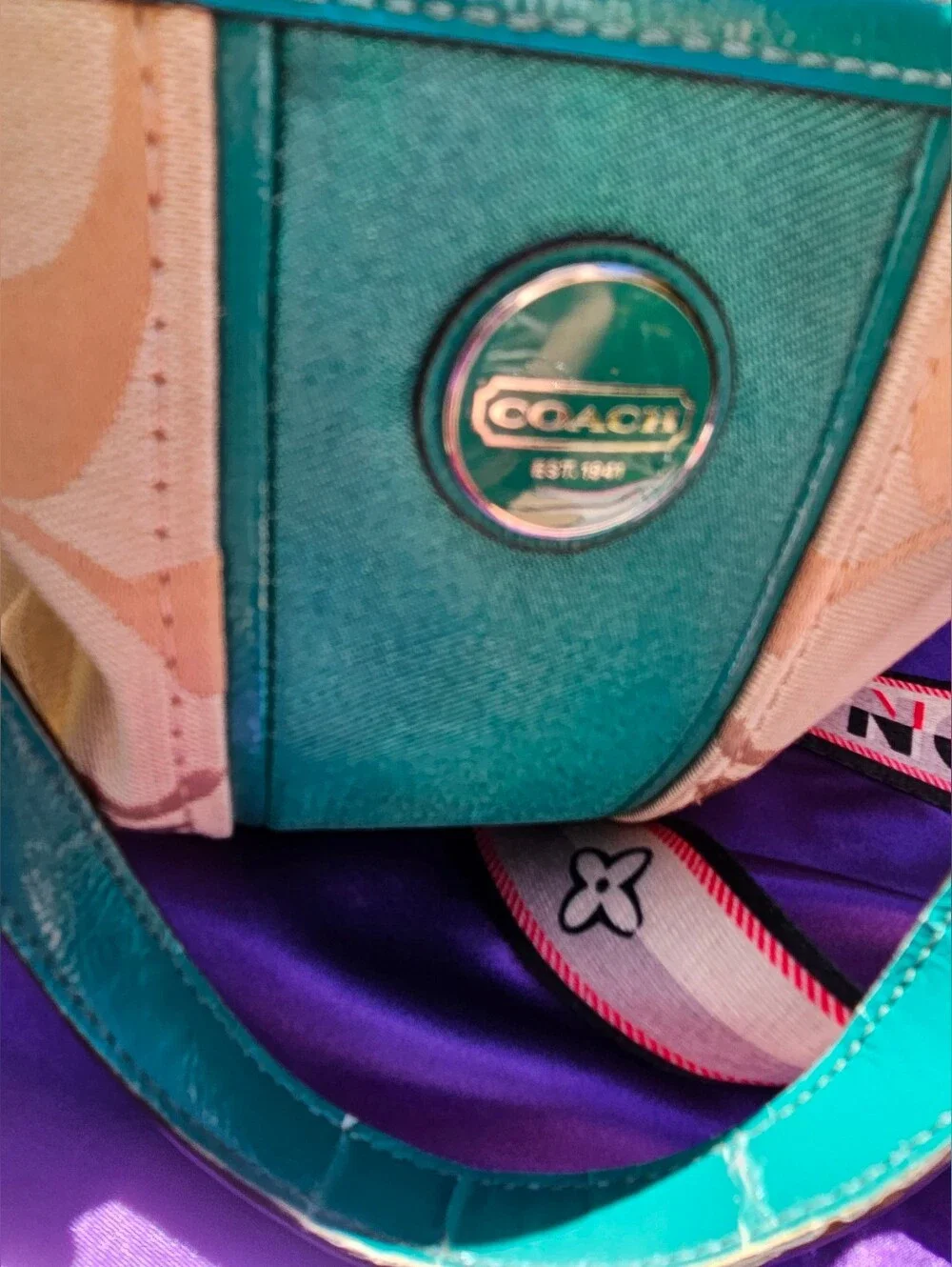 Coach Signature Sateen Teal Patent Leather Satchel Crossbody Bag